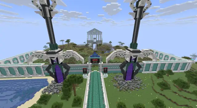 The Arena entrance at MiningMaven SMP, with the KOTH temple behind it