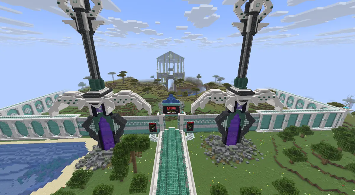 The Arena entrance at MiningMaven SMP, with the KOTH temple behind it