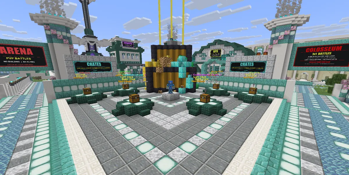 The crate plaza at the center of MiningMaven SMP spawn