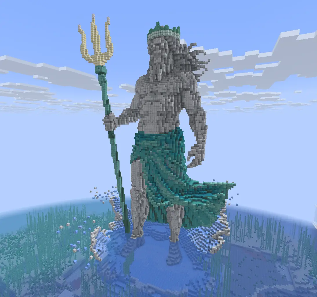 A giant Poseidon statue rising from the sea at MiningMaven SMP