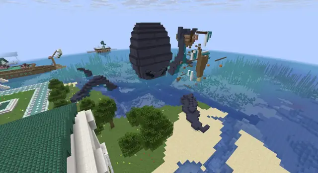 A sea serpent wrecking a ship in the bay near spawn